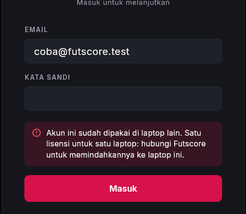Pesan: akun ini sudah dipakai di laptop lain